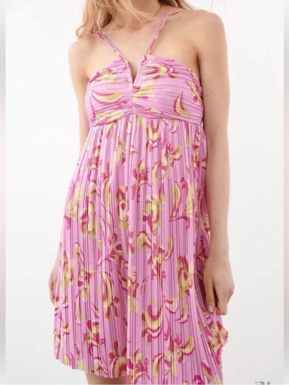 Zara Pink and Yellow Floral Pleated Mini Dress